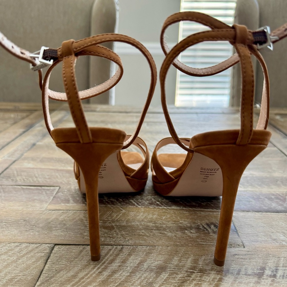 SCHUTZ Cognac Brown Suede Strappy Block Heel Sandals - Picture 4 of 6